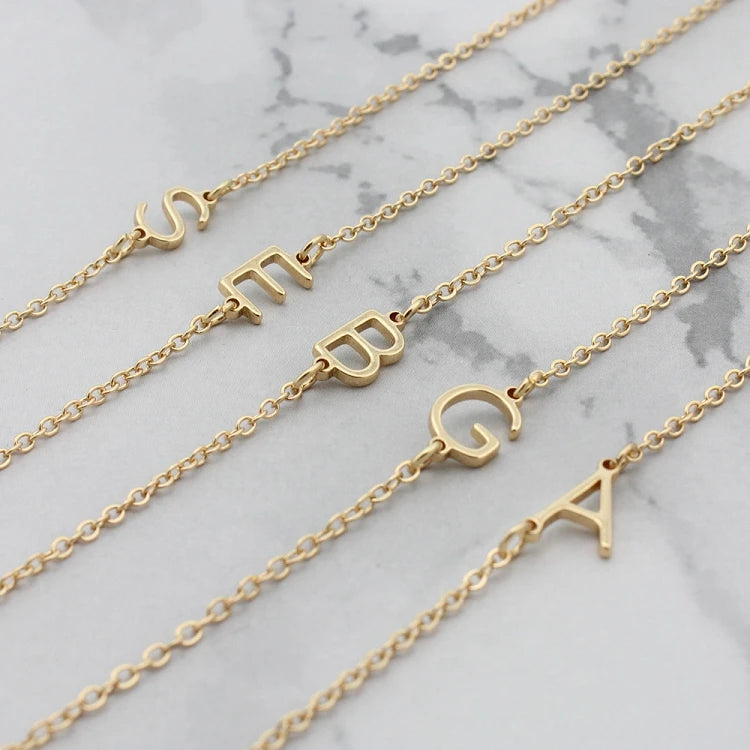 G235 Gold Plated Chain Sideways Pendant Charm A-z Stainless Steel Alphabet Initial Letter Necklace
