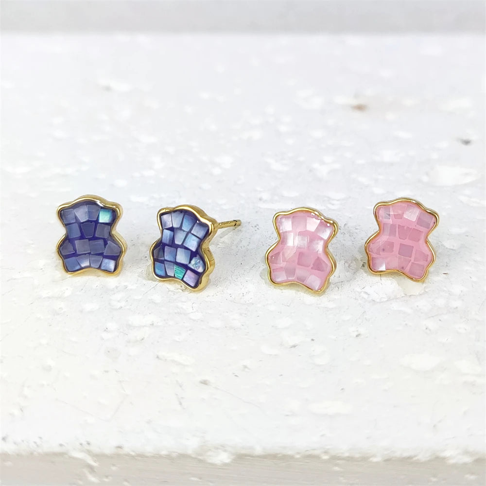 S925 Sterling Silver Cute Studs Fashion Gummy Bear 18K Gold Plated Inlaid Shell Chips Earrings Multi Colors MOP Jewelry Supplies
