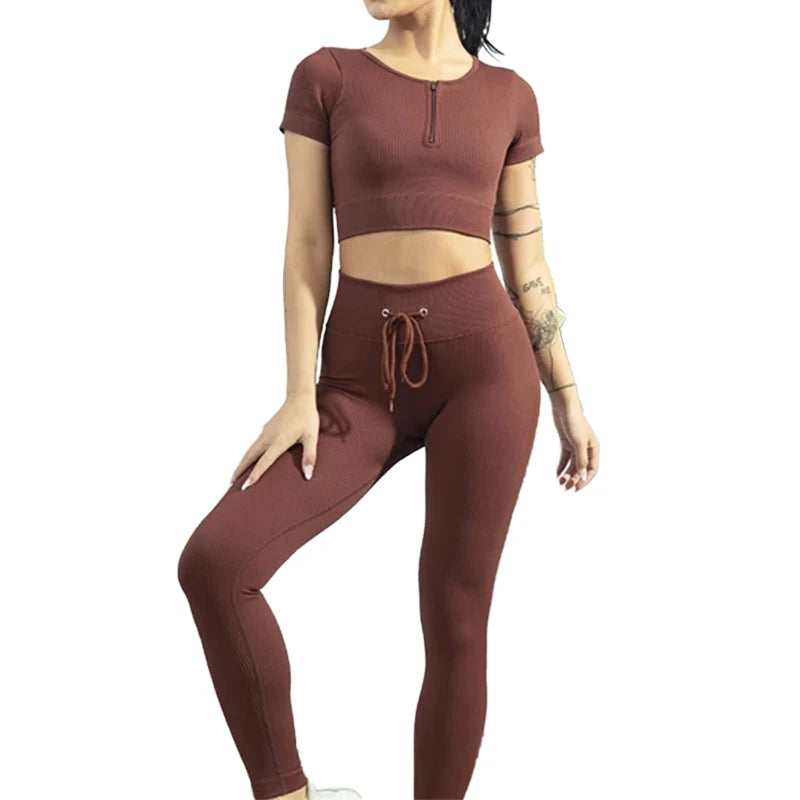 Women Sets Wholesale Zipper Sleeveless Fitness Gym Ribbed Seamless Style Workout Yoga Top and Leggings Set