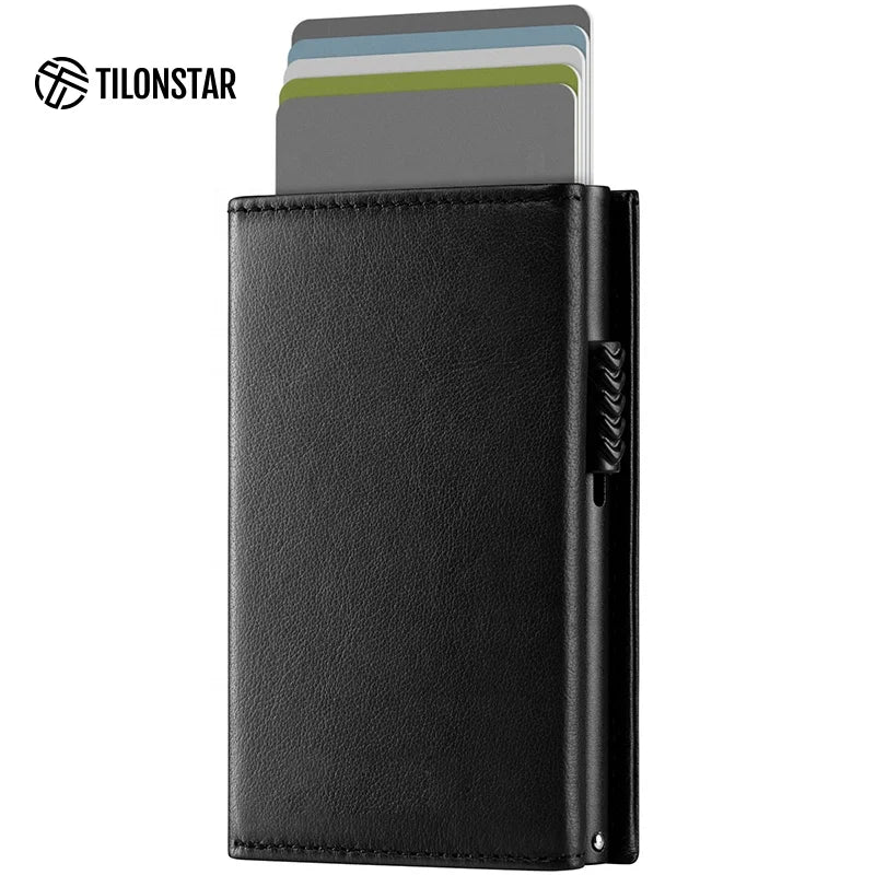 TILONSTAR TVC302p Trifold Genuine Leather Rfid Pop up Wallet Aluminum Credit Card Holder With Coin Pocket