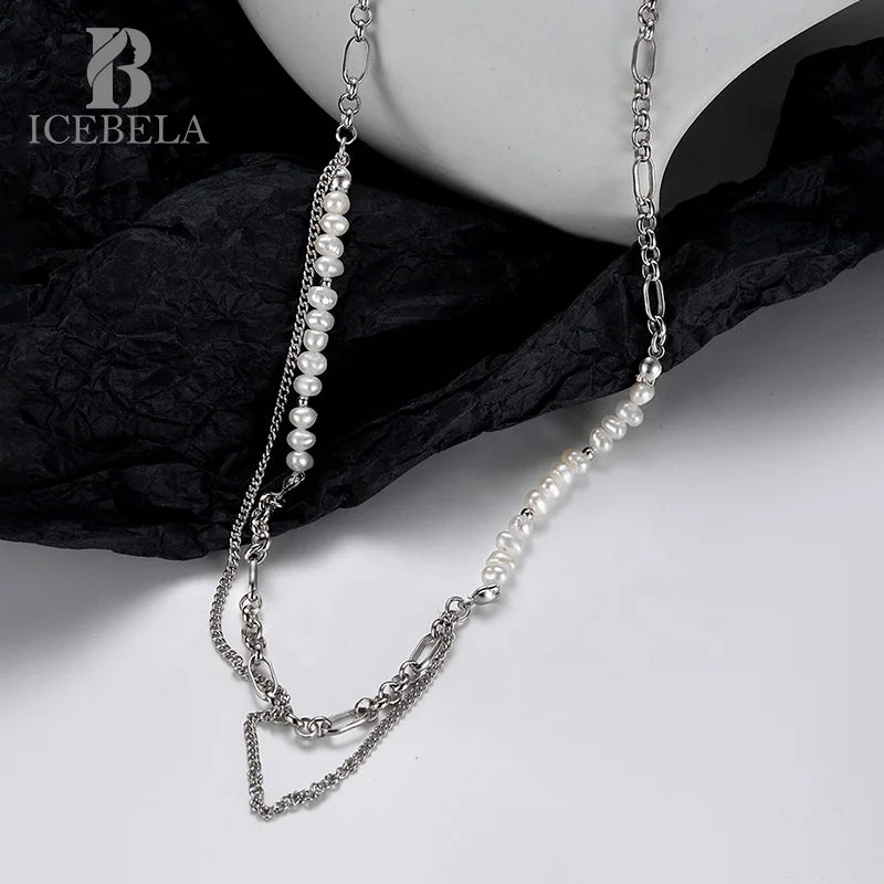 ICEBELA Jewelry European-american Style Hand Made S925 Sterling Silver Double Necklace Baroque Pearl Sweater Chain Necklace