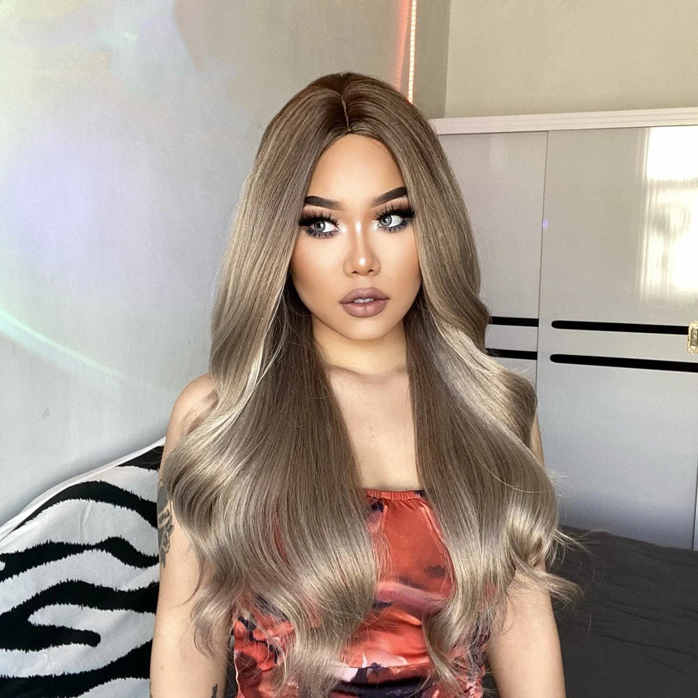 Factory Fast Delivery Long Ombre Ash Blonde Synthetic Wigs Middle Part Grey Natural Wave Wig for Women