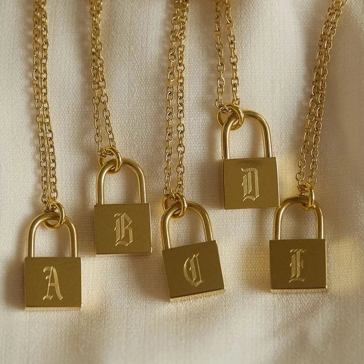 18k Gold Plated Stainless Steel Old English Lock Necklace for Engagement & Anniversary Cross Chain Pendant