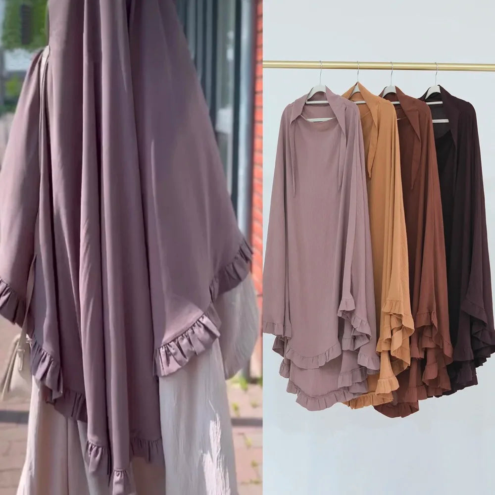 Fashion New Design Jazz Crepe Khimar Solid Color Ruffled Large Swing Prayer Hijab Scarf Modest Burqa Ramadan Jilbab Khimar