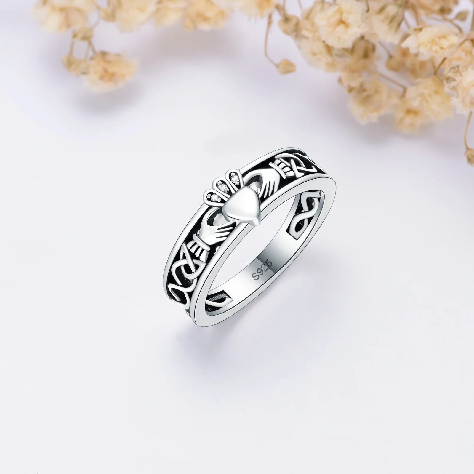 Fine Jewelry 925 Sterling Silver Rhodium Plated Irish Celtic Knot Heart Band Cladda Ring