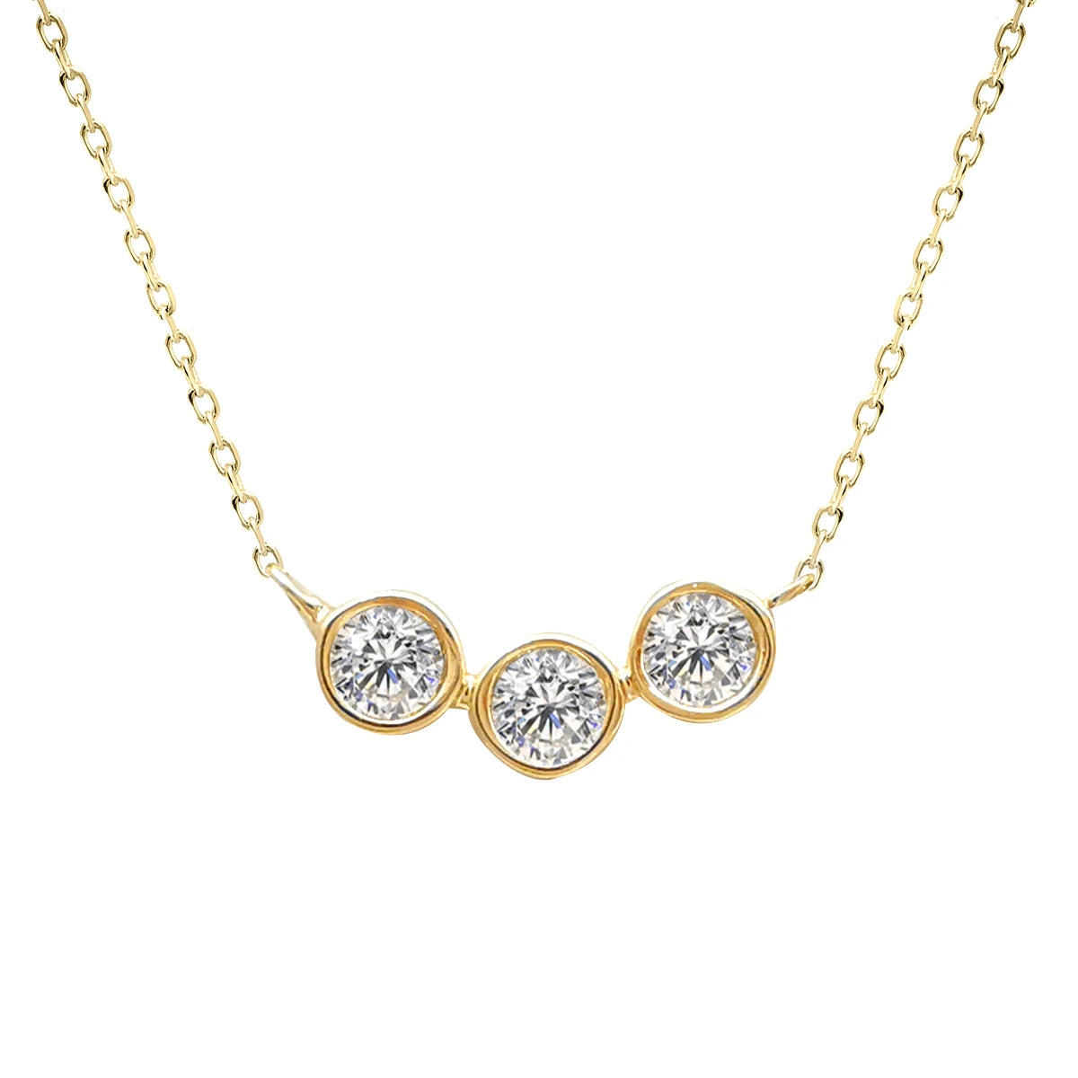 14K Solid Gold Bezel Diamond Three Stone Necklace Elegant Fine Jewelry for Women