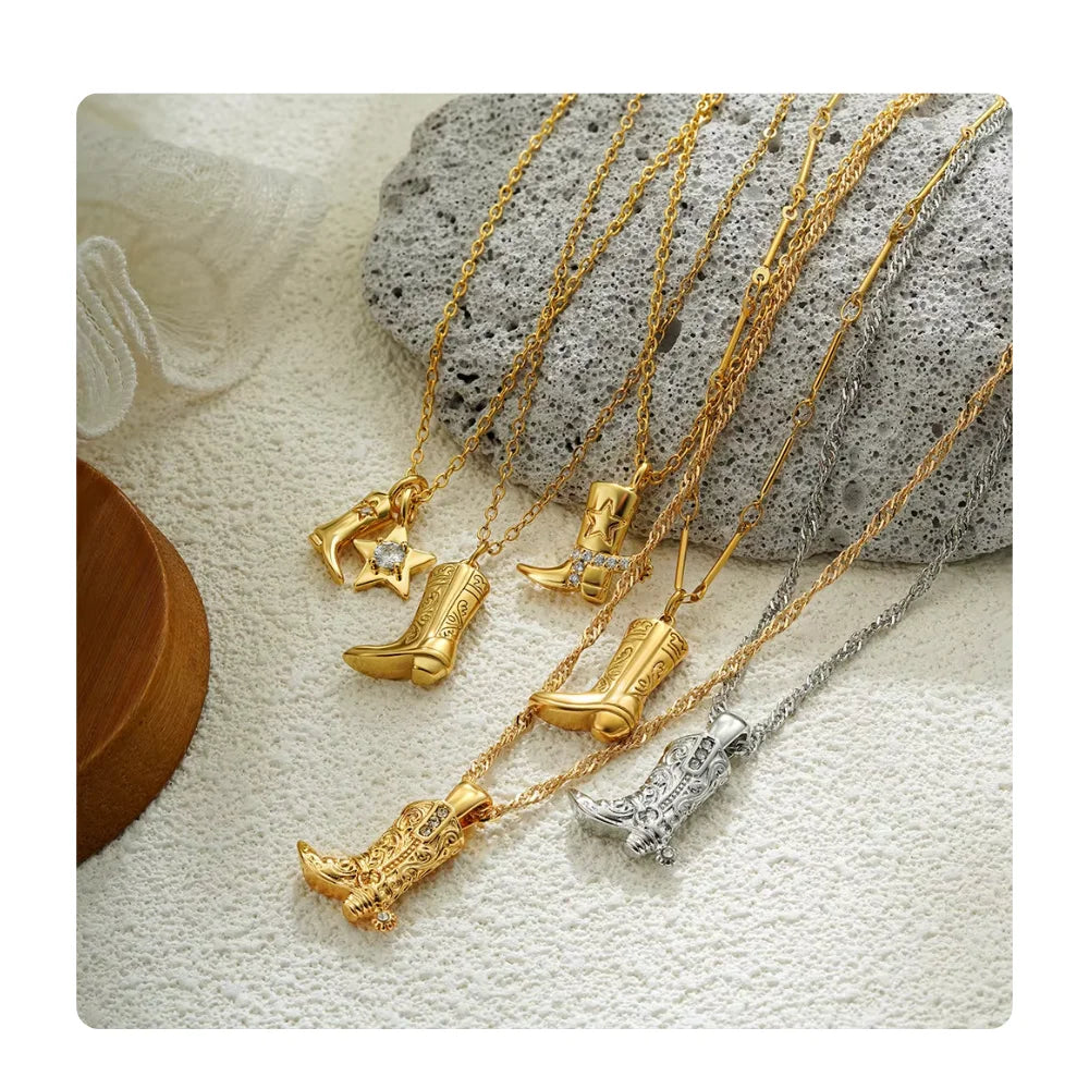 Waterproof Anti-tarnish Cowboy Jewelry 18k Gold Stainless Steel Zircon Necklace Western Cowboy Boots Fashion Pendants Necklaces