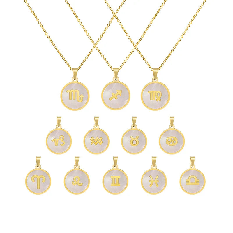 Horoscope Jewelry Round White Shell Pendant Link Chain Gold Stainless Steel Necklace for Women