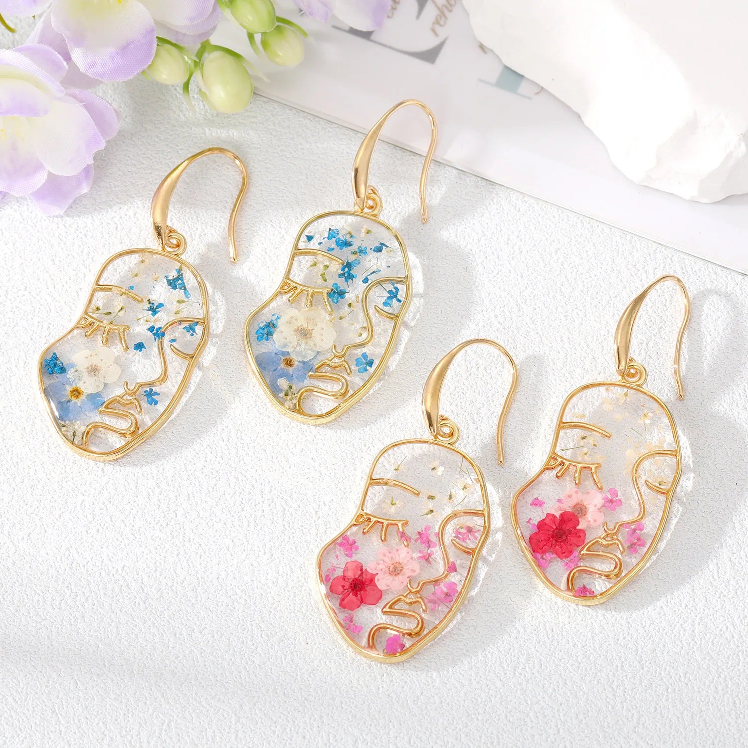 Piccaso Multiple Flowers Forget Me Not Face Earrings Handmade Real Pressed Flower Earrings Abstract Face Hoop Earring Gifts