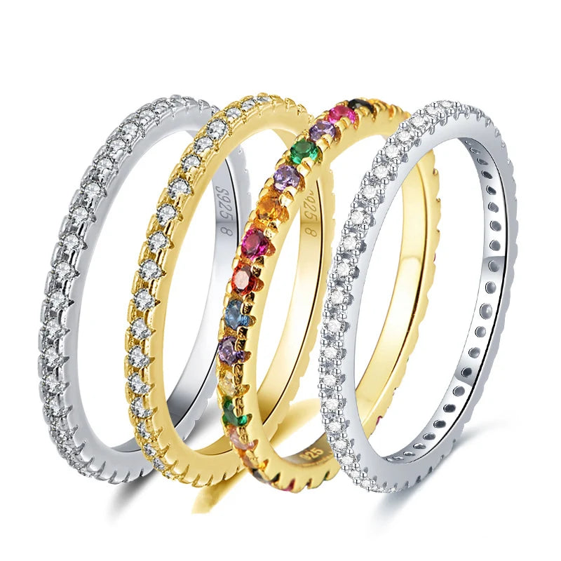 RINNTIN SR63 Fine Jewelry Solid 925 Sterling Silver Teen Girls Stacking Rings Micro-inlaid Colourful Zircon Eternity Ring