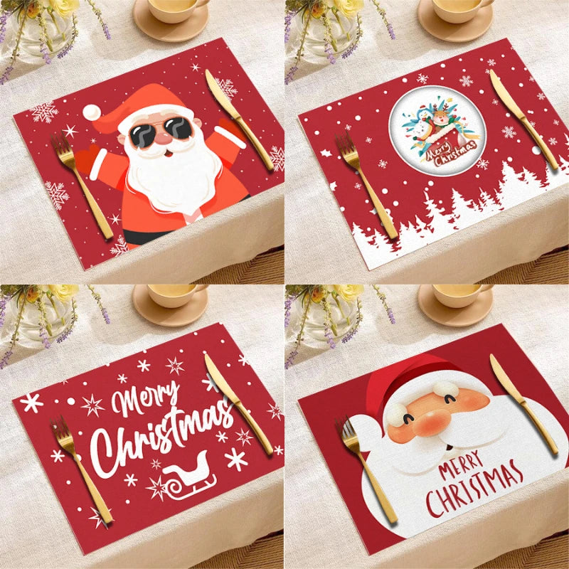 Anti-Slip Red Santa Claus Merry Christmas Tree Kitchen Placemat Coaster Dining Table Mat Cotton Linen Pad Cup Mat Home Decor