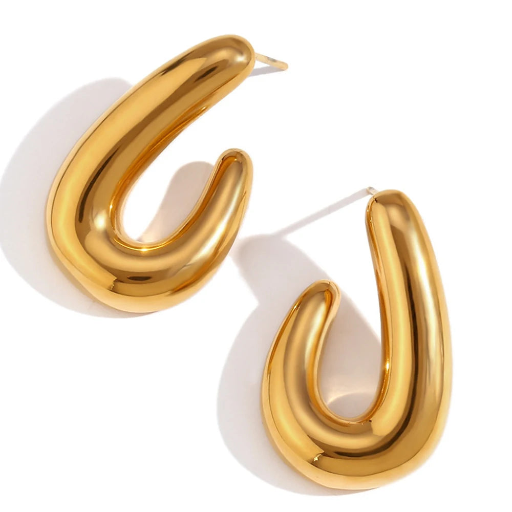 Minimalist 18K Gold Plated Stainless Steel Geometric Jewelry Waterproof Glossy U Shape Chunky Hoop Earrings for Women