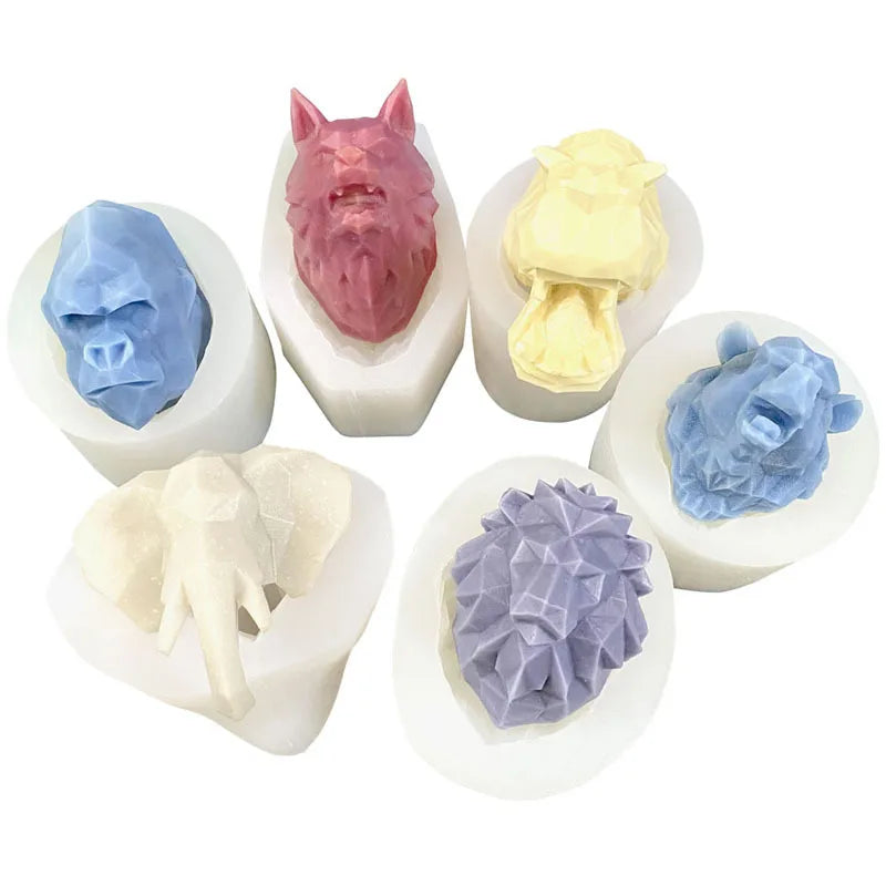 B-5075-5 Animal Face Lion tiger Elephant Wolf Gorilla Resin Cake Silicone Plaster Soap Candle Mold Aromatherapy for 3D Mould