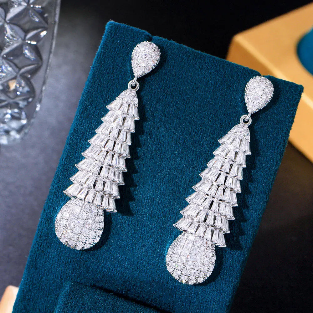 Luxury Delicate Long Dangling Cluster Baguette Women Cubic Zirconia Stone Drop Earrings for Wedding Brides Jewelry Accessories