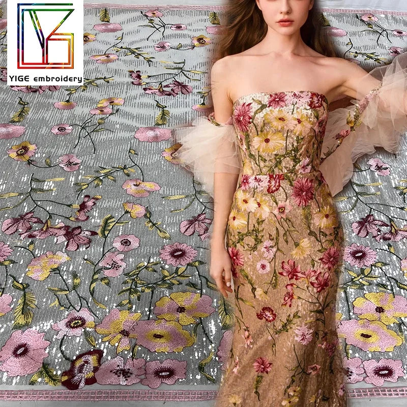 Luxury French Embroidered Sequins Lace Fabric Net Embroidery Tulle Lace Fabric for Wedding Dress