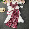 Women Spring Summer Print Crop Top + Pants Two Pieces Sets Half Sleeve Jacket Top Jumpsuit Beach Set Suits Wide Leg Pants Set