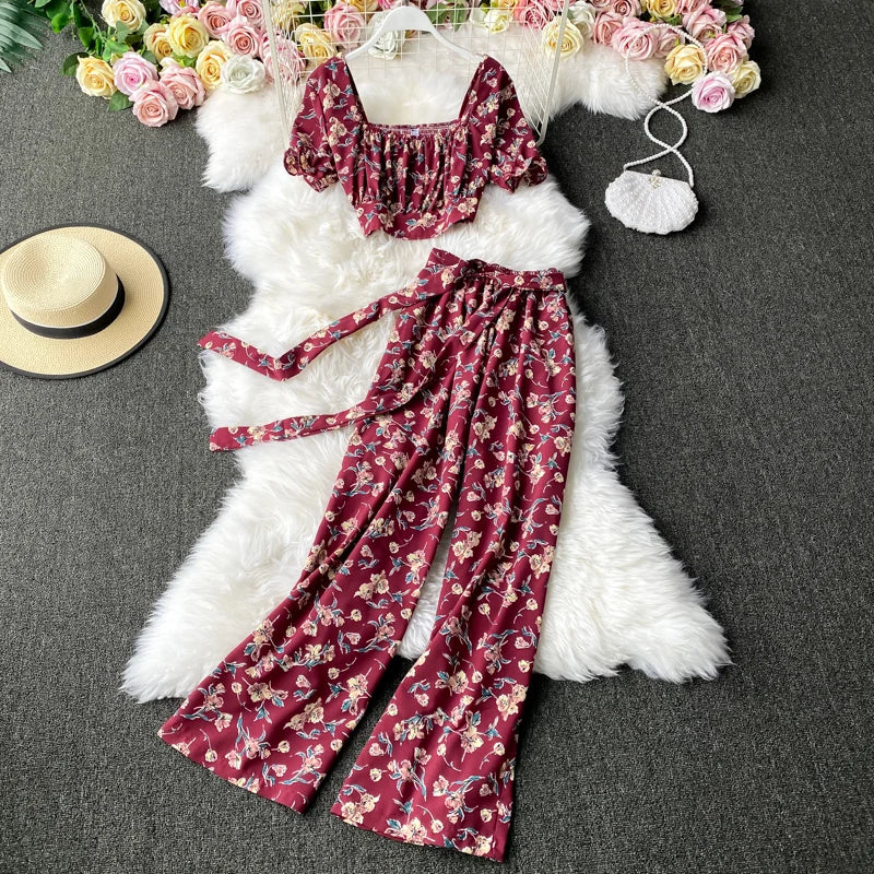 Women Spring Summer Print Crop Top + Pants Two Pieces Sets Half Sleeve Jacket Top Jumpsuit Beach Set Suits Wide Leg Pants Set