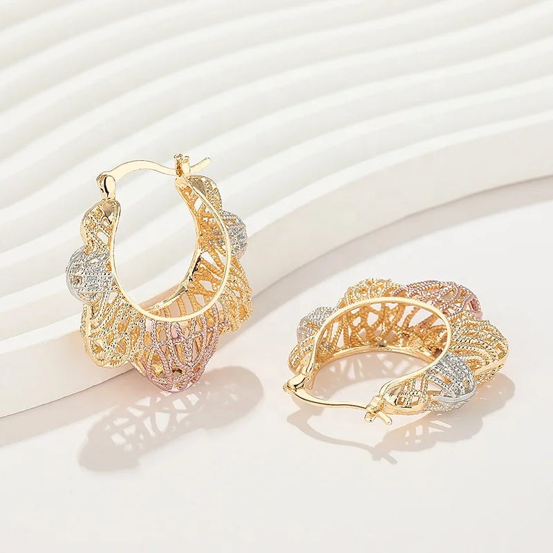Laminated Gold Jewelry Joyeria Color Pattern Hollow Copper Alloy Women Hoop 18K Gold Plated Wholesale Earrings Women