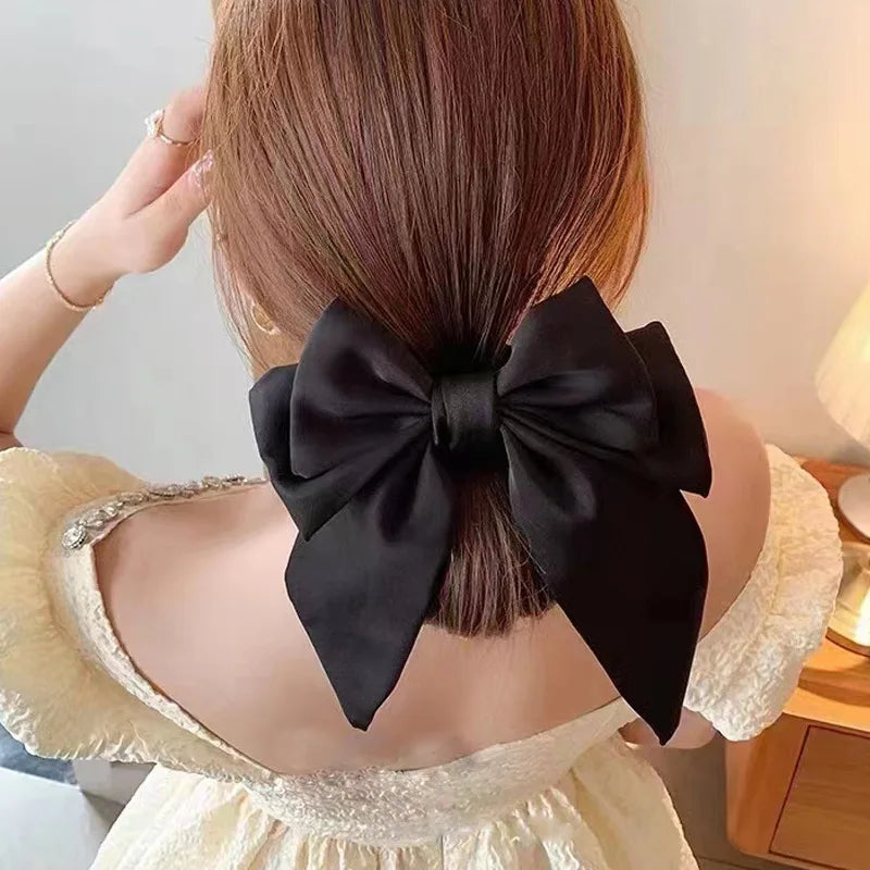Fashion Vintage French Black Sweet Bow Satin Hair Scrunchies Holder Bowknot Rubber Bands Scrunchies for Ladies Woman