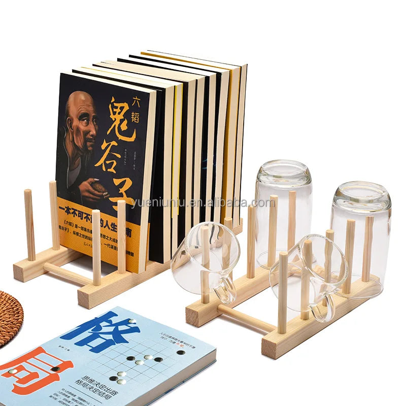 Multifunctional Easy to Assemble Dish Drying Rack Wooden Dish Drainers Bamboo Plate Rack Kitchen Lids Cup Holder Bookshelf