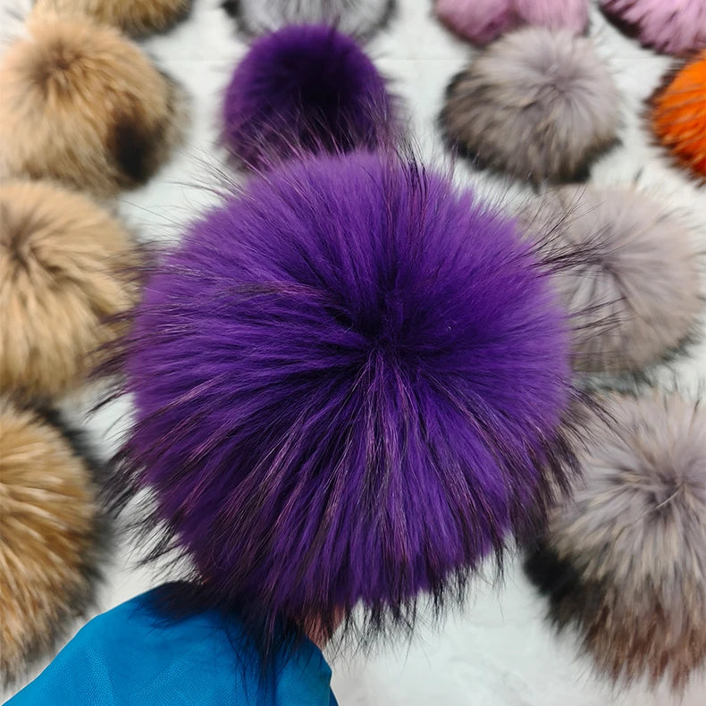 Wholesale Various Size 12cm 13cm 15cm Real Raccoon Fur Pompoms With Snap Button