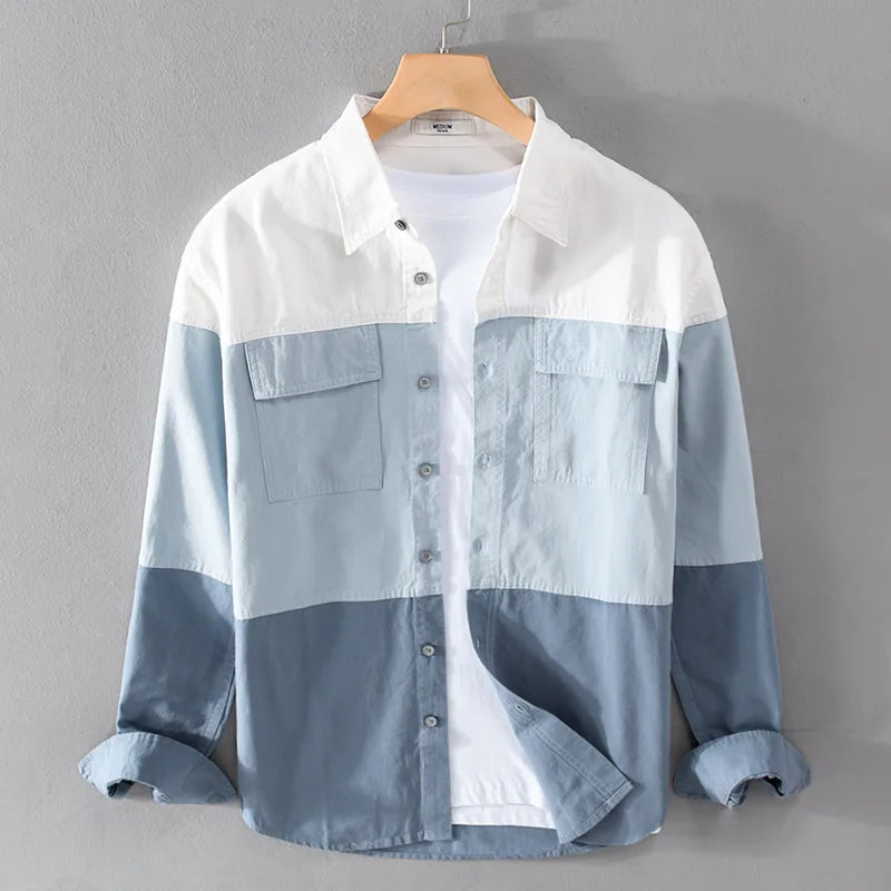 RNSHANGER Contrast Color Patchwork Shirt for Men Cotton Long Sleeve Spring Autumn Retro Cargo Casual Wear Shirt With Pockets