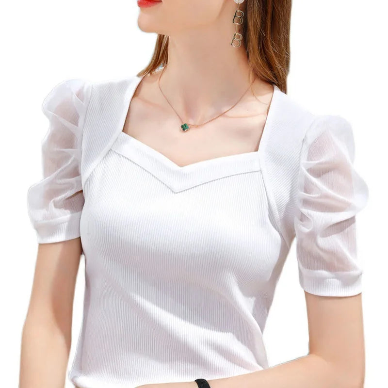 New Ice Silk Knitted Vest Top Thin V Neck Puff Sleeve Streetwear Womens Clothing V Neck Shirt
