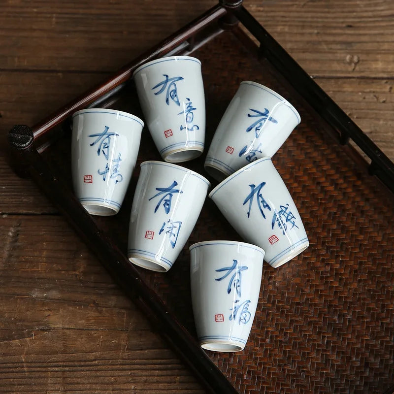 Hand-Painted Calligraphy Tall Ceramic Teacup Fragrance-Infused Literati Tea Ware Single Kung Fu Tea Tasting Cup Set
