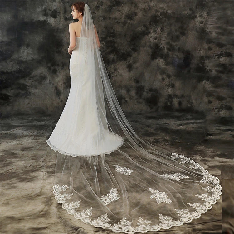 New High-quality Ivory White Lace Edge Long Single-layer Trailing Bridal Veil for Wedding Studio Photo Church