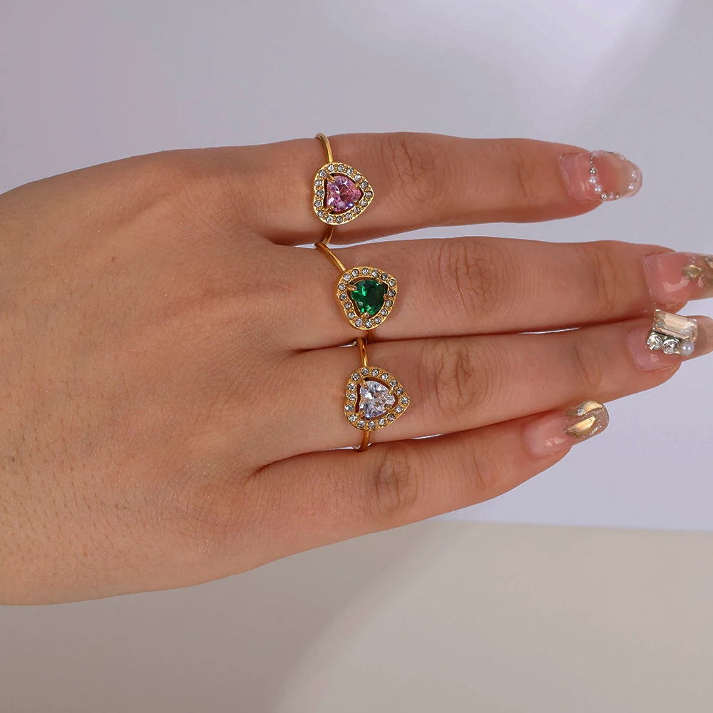 Chic Design  Stainless Steel Double Heart Zircon Diamond Ring Female Luxury Open Adjustable Zircon Heart Bling Rings for Women