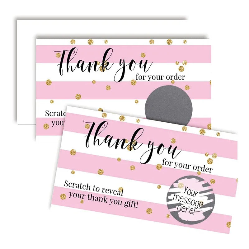 Pink Stripes Thank You Scratch Card Win Customer Appreciation Package Insert Cards with Scratch Off Stickers