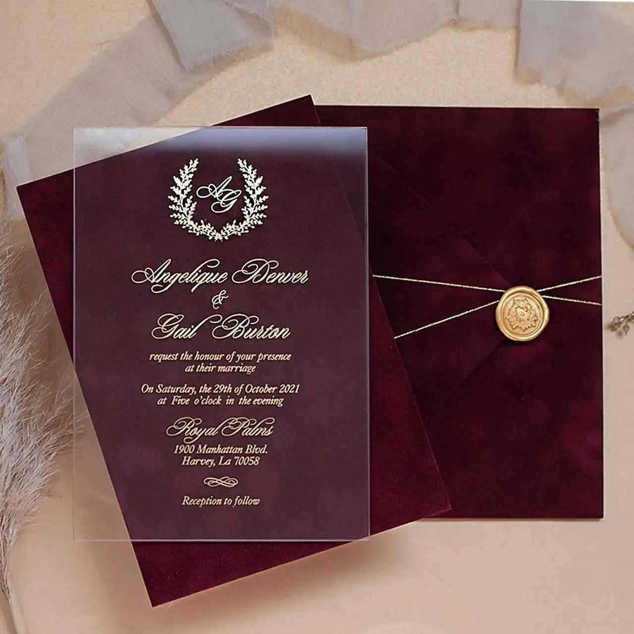 Clear Gold Foil Acrylic Wedding Invitation Cards With Luxury Velvet Envelope and Wax Seal