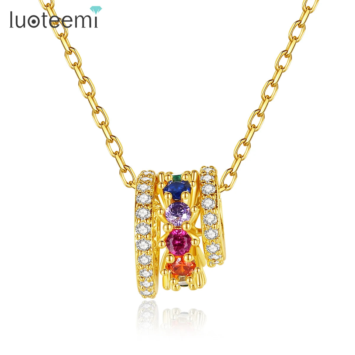 LUOTEEMI Rainbow Color Micro Pave Cubic ZIrconia Pendant Trendy 2026 Small Pendant Necklace