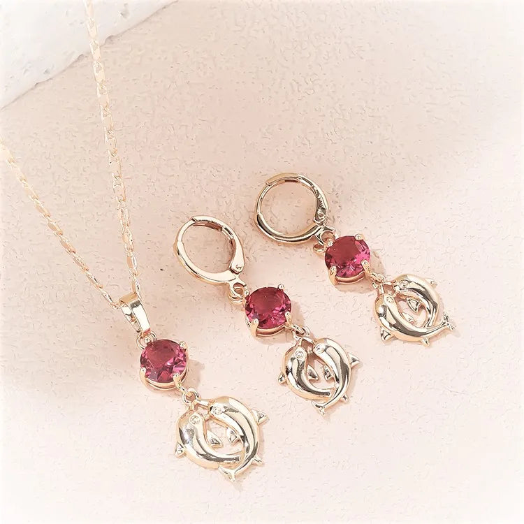 Dolphin Matching Earrings and Necklace Set in 18k Gold Plate Cubic Zirconia Jewelry Conjuntos Joyas Para Mujeres