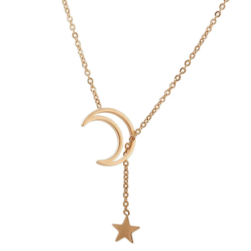 Dainty 18K Real Gold Plated Star Pendant Necklace 316L Stainless Steel Star Moon Star Choker Necklace for Girls