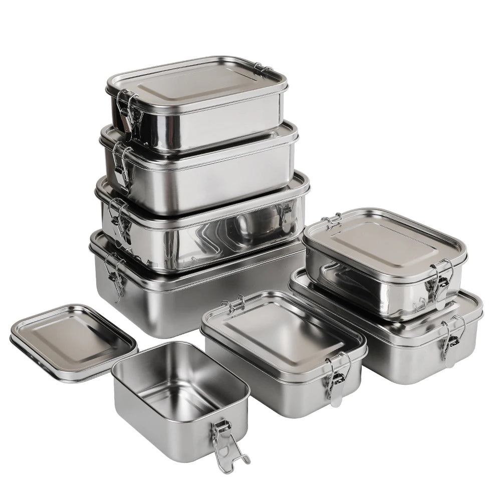 Stainless Steel Rectangle Bento Lunch Box with Lid Dual Tier Microwavable Portable Food Storage Container for Outdoor Use