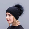 Winter Slouchy Hat Head Warmer Women Cashmere Beanies with Fox Fur Pompom