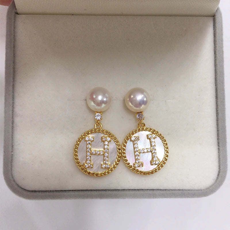 18K Gold-plated Luxury Sea Shell Letter H Earrings Natural Freshwater Pearl Earrings for Women