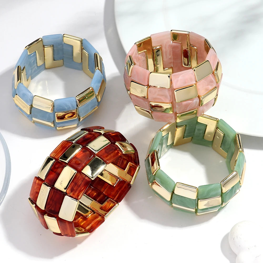 Vintage Personalized Party Creative Geometric Spliced Resin Bead Elastic Bangles Acrylic Wide Bracelet for Women
