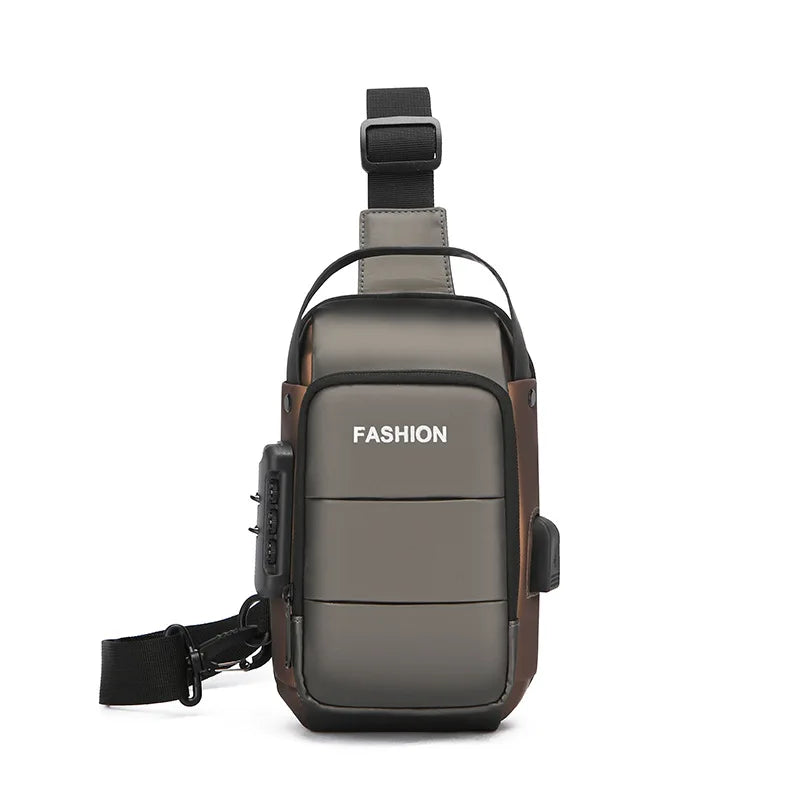 Men's New Large Capacity Chest Bag Waterproof PU and Nylon Casual Crossbody with Fashionable Zipper Closure Gift