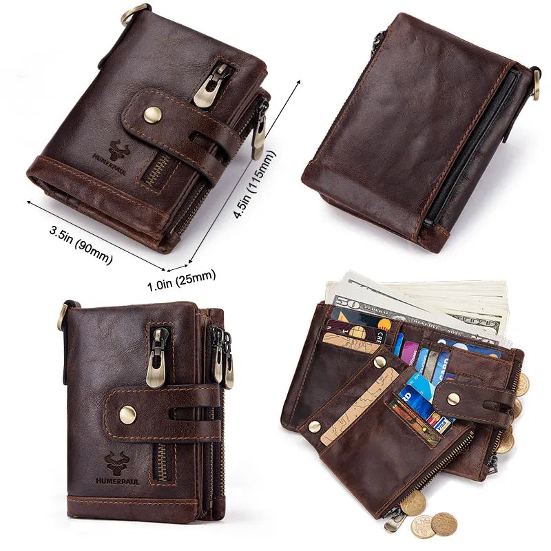 HUMERPAUL  RFID Genuine Cowhide Leather Luxury Purse Casual Small Mini Leather Wallets Vintage Gents Mens Slim Wallet