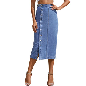Women's Casual High Waist Denim Midi Skirt Button Down Split Hem Bodycon Pencil Jean Skirt Casual Slim Fit