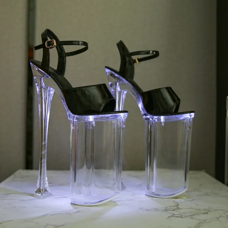 26cm Flasher LED Light Multi Colors Ankle Strap Crystal Platform Sandals 10.4 Inch Super High Heel Stripper Shoes for Women