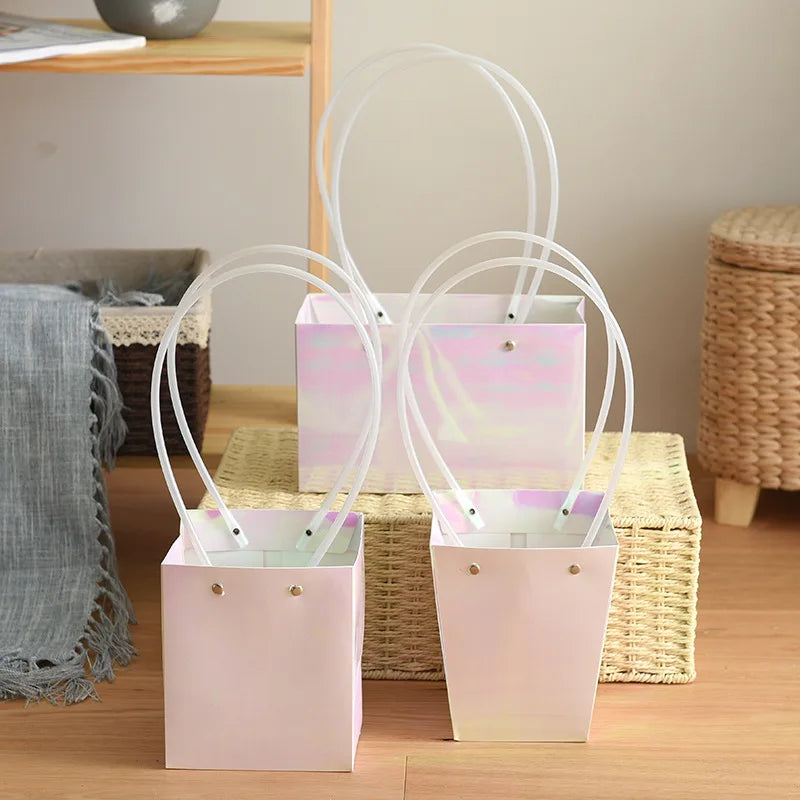 Wholesale Romantic Luxury Flower Arrangement Paper Bag PVC Handle Shopping Proposal Women's Wedding Gift Cardboard Paper Bag