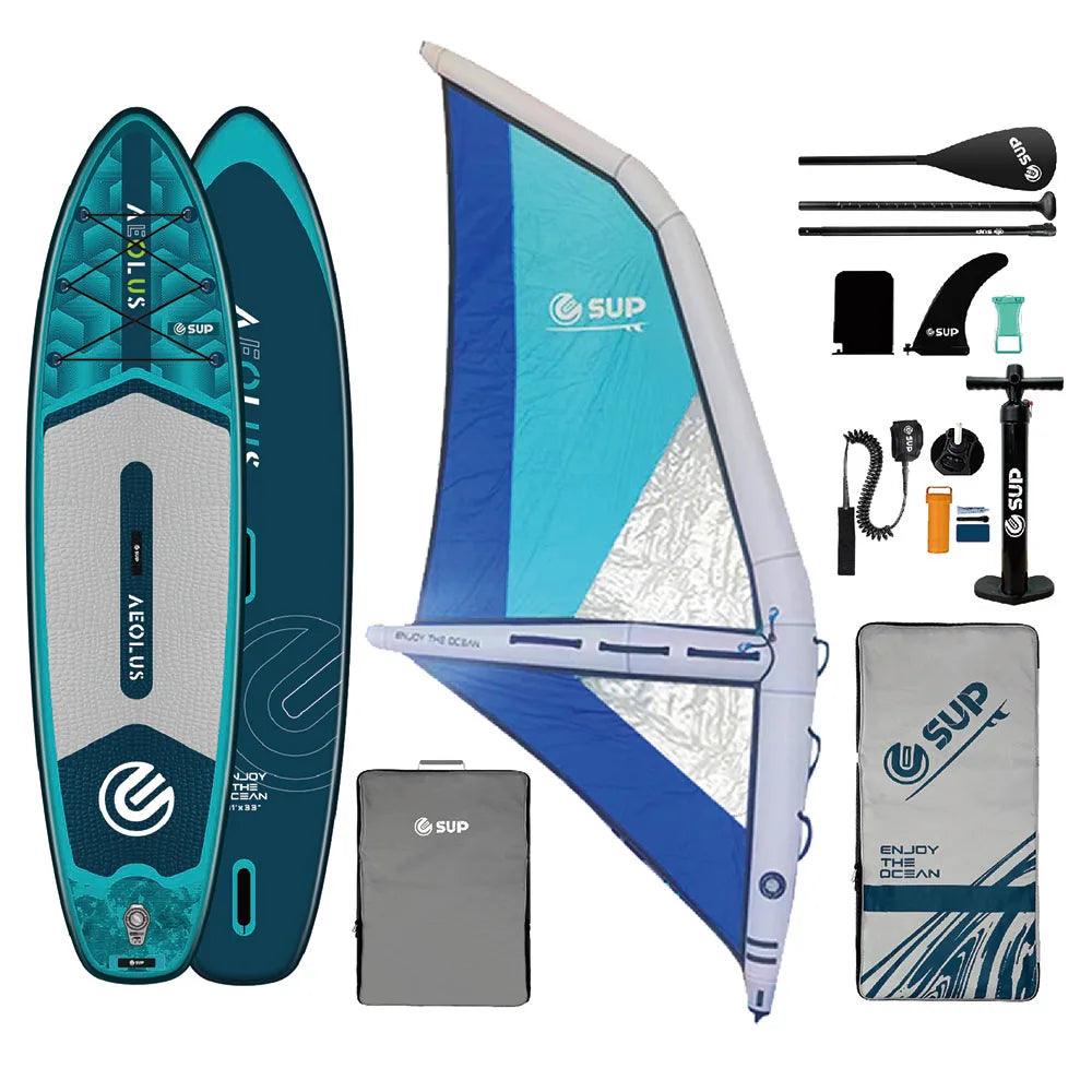 E SUP Inflatable Wind Surf Board with Sail-Portable 3 Fin Blue for Lakes & Rivers Water Sports