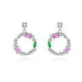 Daidan Earring Pink Green Zircon Stone Silver Jewelry Irregular Shape Circle Colorful Earrings