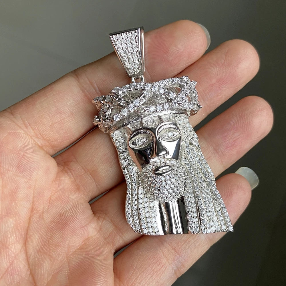 HQ GEMS Solid S925 Silver Iced Out Moissanite VVS Diamond Jesus Head Sliver Necklaces Men Pendant