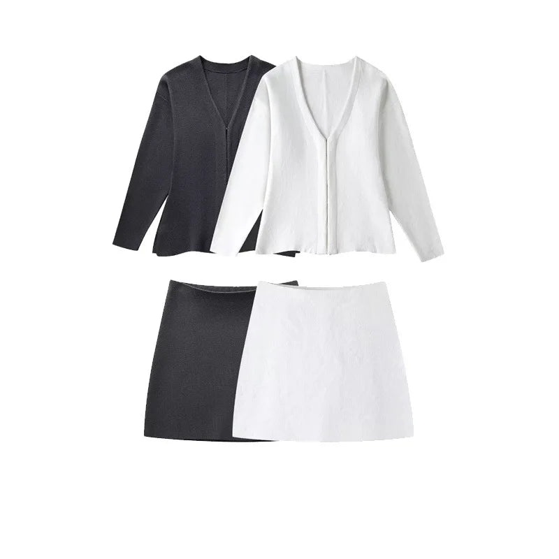 Spring Latest Design Woollen Ribbed Button Cardigan Mini Dress Knitted Two Piece Set Skirt