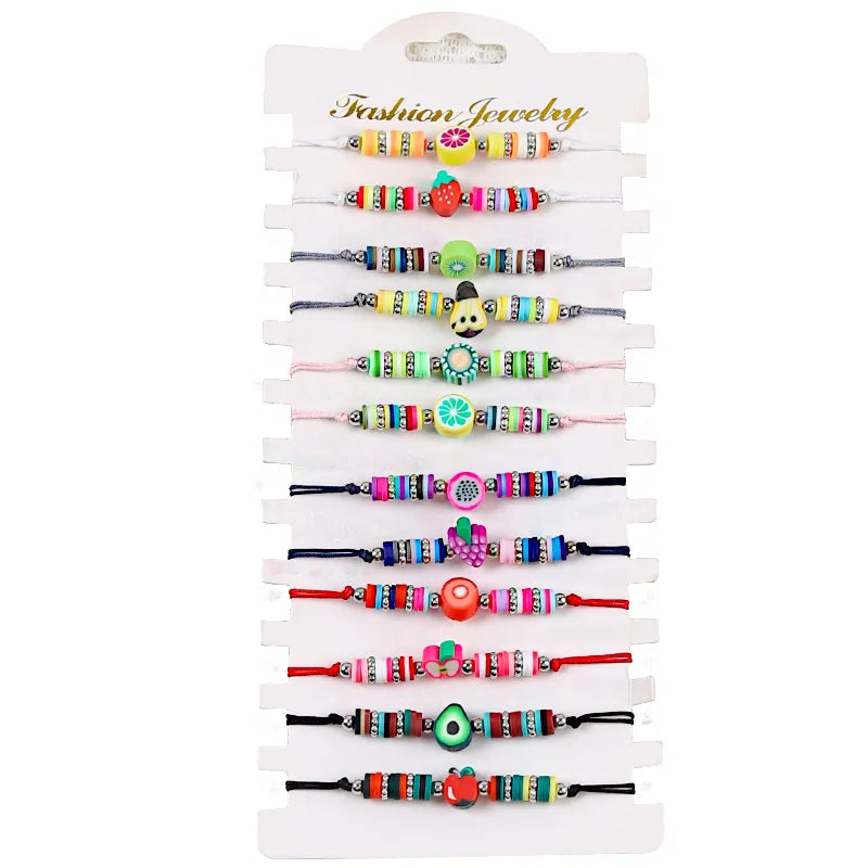 12 Pcs/set Colorful Braided Rope Soft Clay Fruit Pendant Bracelet Bohemia Summer Beach Style Bracelet