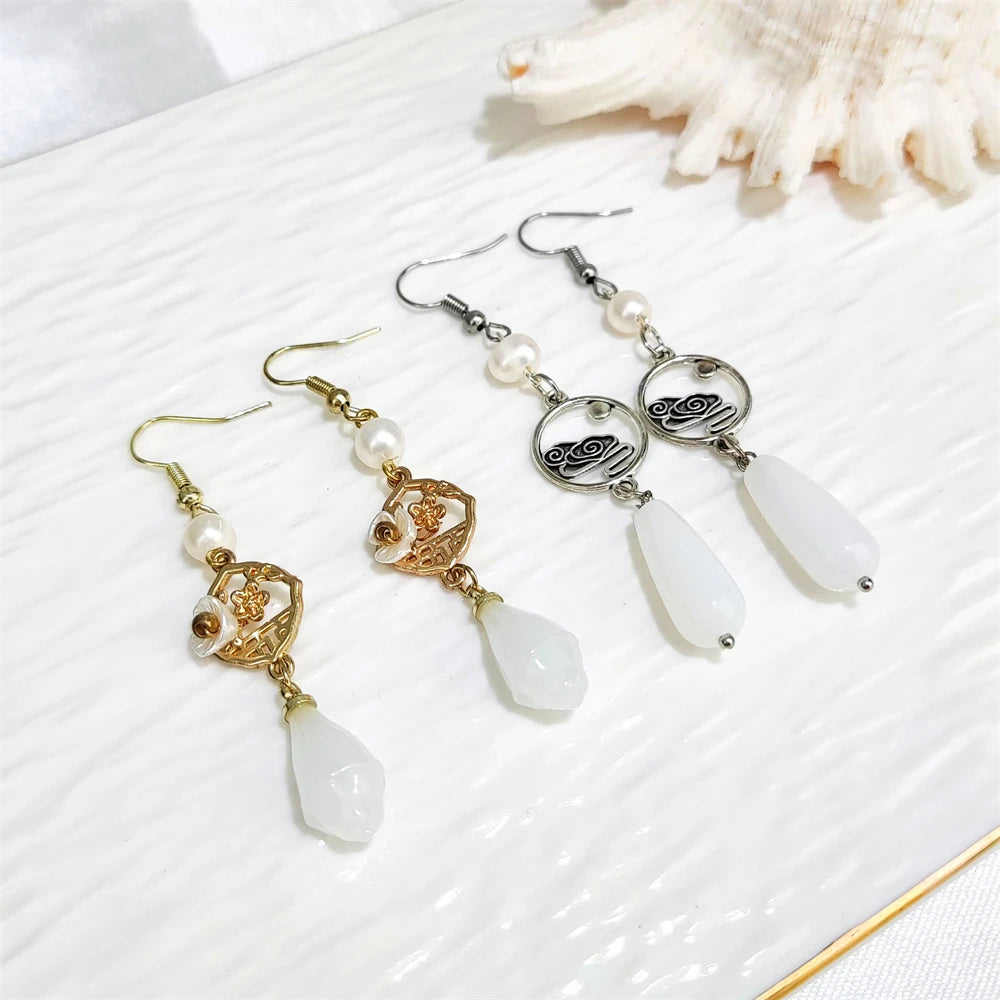 Wholesale Gemstone Jewelry plum Flower Charm Earring Gold Plating Carved White Jade Natural Pearl Beads Earring Chinese Style